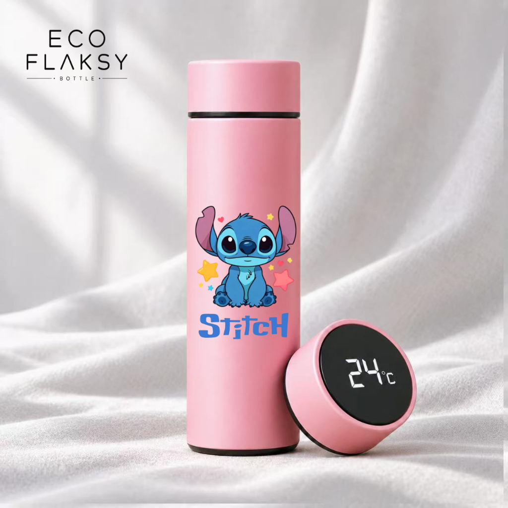 Garrafa Térmica de Água Infantil Aço Inoxidável Stitch Fofo Termometro LED Digital Estampada 500ml