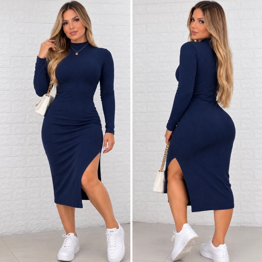 Vestido Manga Longa Com Fenda Lateral