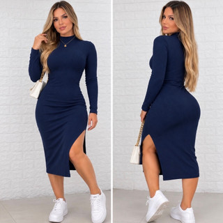 Vestido Manga Longa Com Fenda Lateral