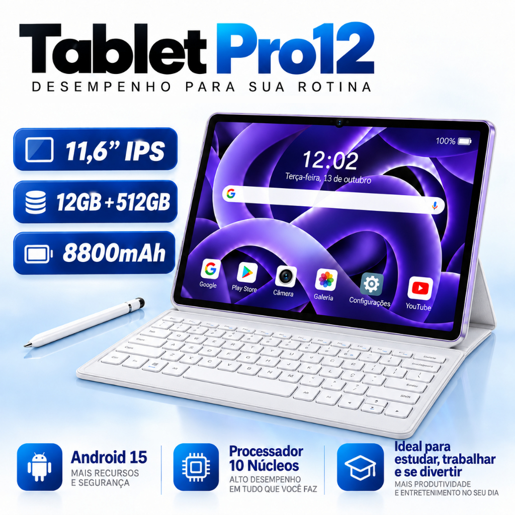 11.6 Inch Tablet Pro12 with Keyboard+Mouse 8GB RAM 512GB Android 15 Camera 50MP anjgg