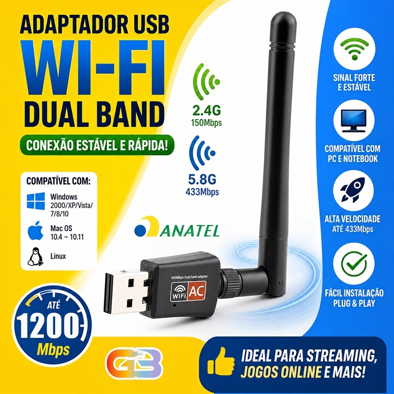 Adaptador WiFi AC 1200Mbps com Antena Externa USB 2.0 para PC Desktop Laptop AL-C818