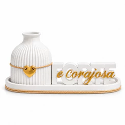 Kit Decorativo sala escritório Vaso Bandeja Frase Forte e Corajosa