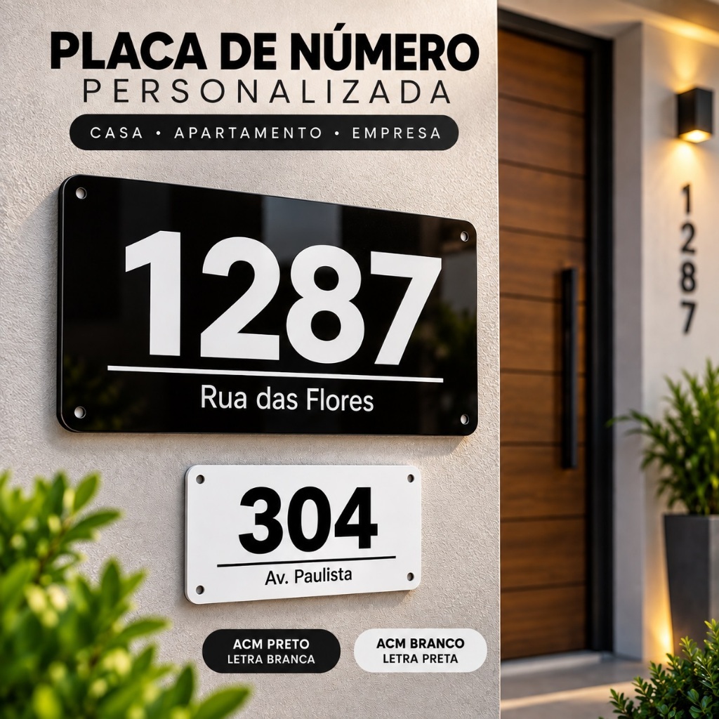 Placa Número Residencial Personalizada em ACM 25x15cm | Casa Apartamento Empresa Endereço