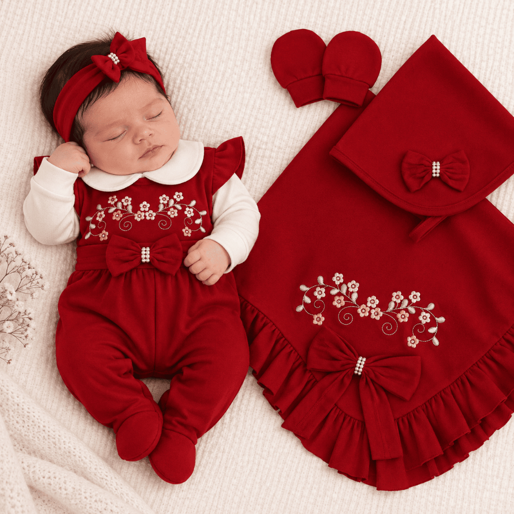 Kit Saída Maternidade Detalhe Flores Bordadas 5 Pçs Menina Jardim Infantil Conforto Bebê