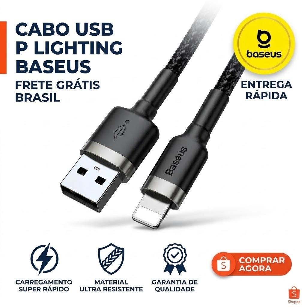 Baseus Cabo Usb p/ Lightning iPhone 2.4a 1m Trançado Reforçada Ultra Resistente