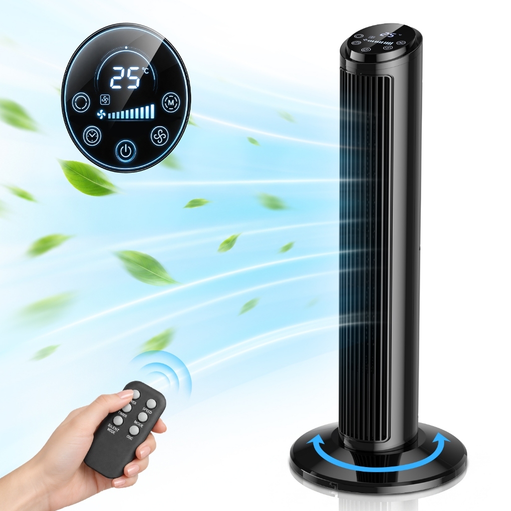 Ventilador de torre silencioso com controle remoto, tela LED, 3 velocidades de vento, 60 Hz, Oscilação de cerca de 70°