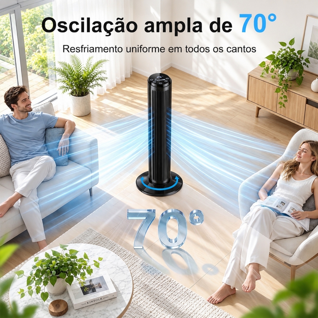 Ventilador de torre silencioso com controle remoto, tela LED, 3 velocidades de vento, 60 Hz, Oscilação de cerca de 70° · foto 2