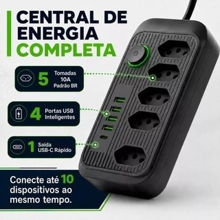 Régua Filtro de Linha com 5 Tomadas Extensão Elétrica Universal 4 USB e 1 USB-C Bivolt 10A 110v/220v Cabo de 2 Metros