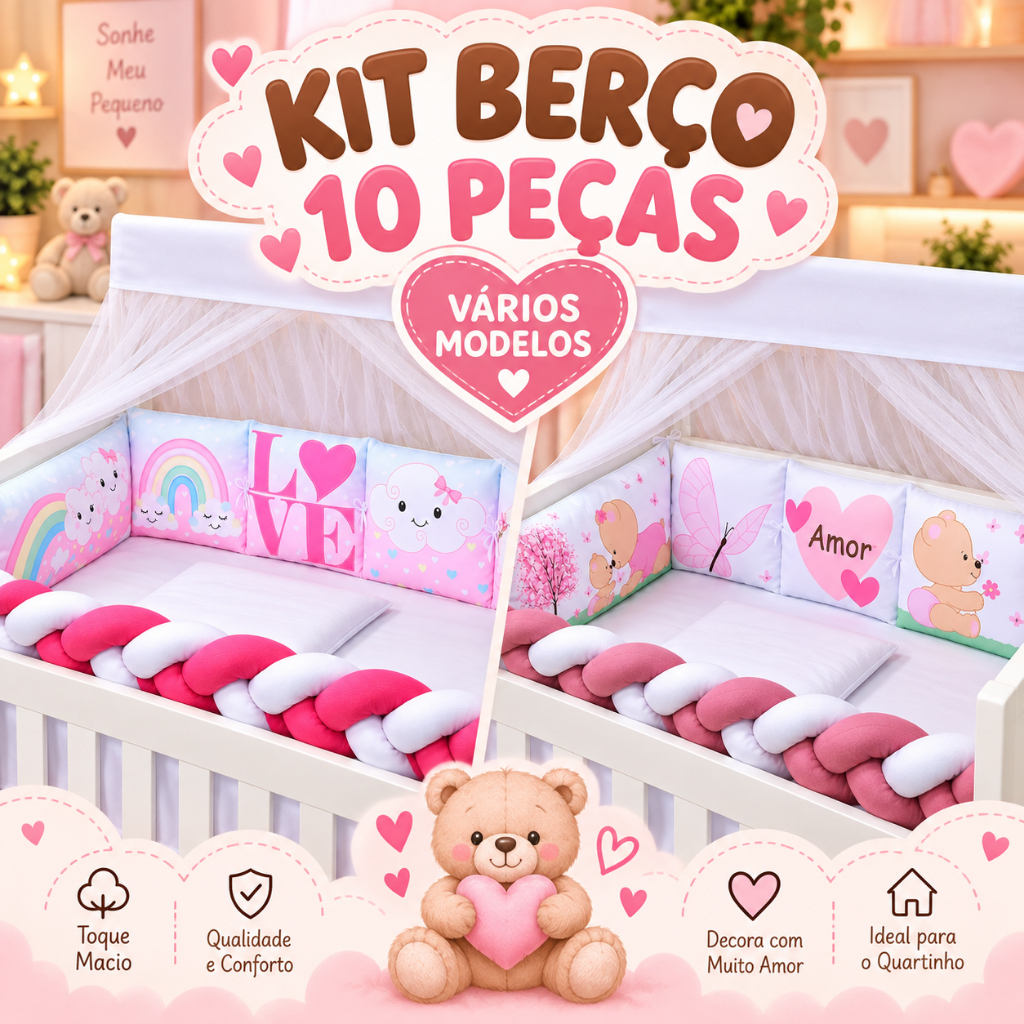Kit Berço Americano para menina 10 peças Trança Mosquiteiro Borboleta Joaninha Lavanda Floral Nuvem