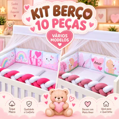 Kit Berço Americano para menina 10 peças Trança Mosquiteiro Borboleta Joaninha Lavanda Floral Nuvem