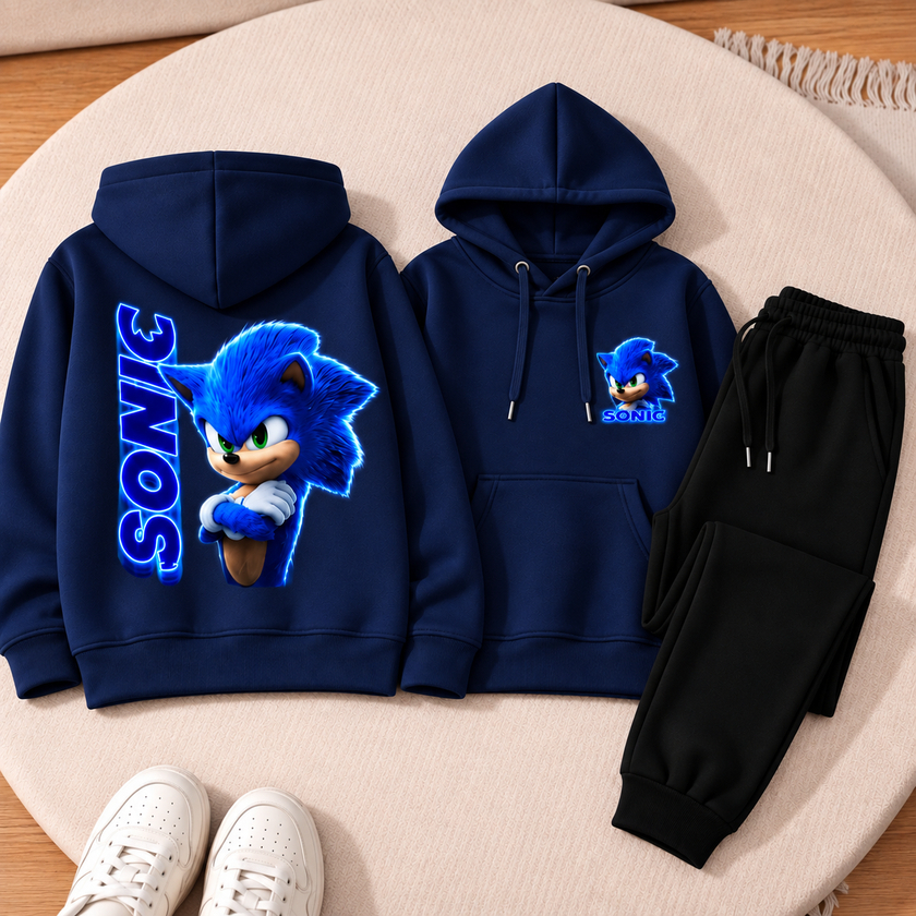 Conjunto Moletom Calça e Canguru Infantil Sonic Com Capuz Estampado Alta Qualidade criança casaco