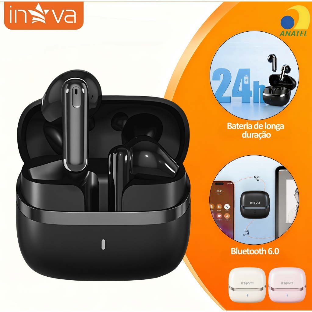 INOVA Fone de Ouvido Bluetooth 6.0 com Cancelamento de Ruído, Drivers de 13mm, Super Bass, Fone Gamer com Baixa Latência