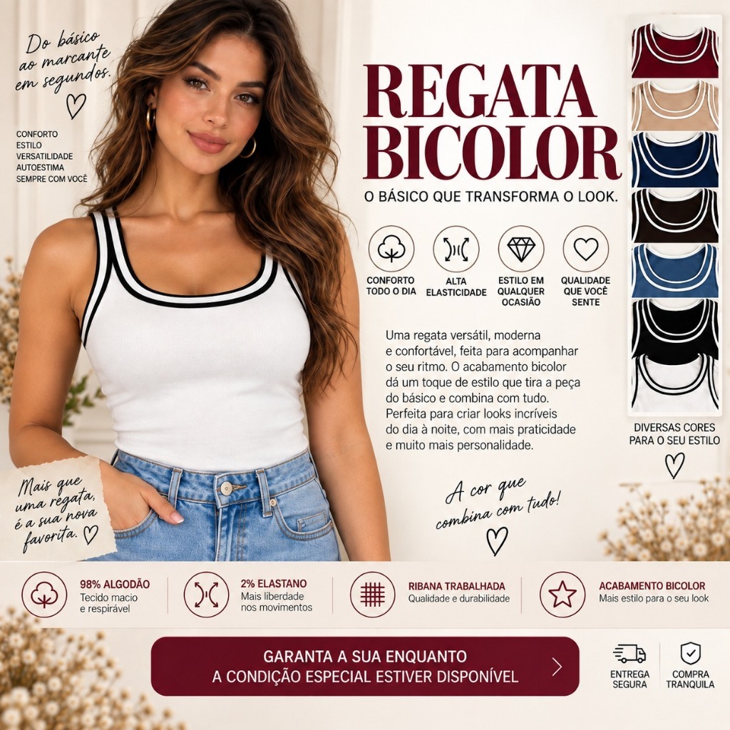 Blusa Regata Feminina Bicolor Canelada Ribana Premium com Elastano Básica Casual