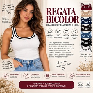 Blusa Regata Feminina Bicolor Canelada Ribana Premium com Elastano Básica Casual