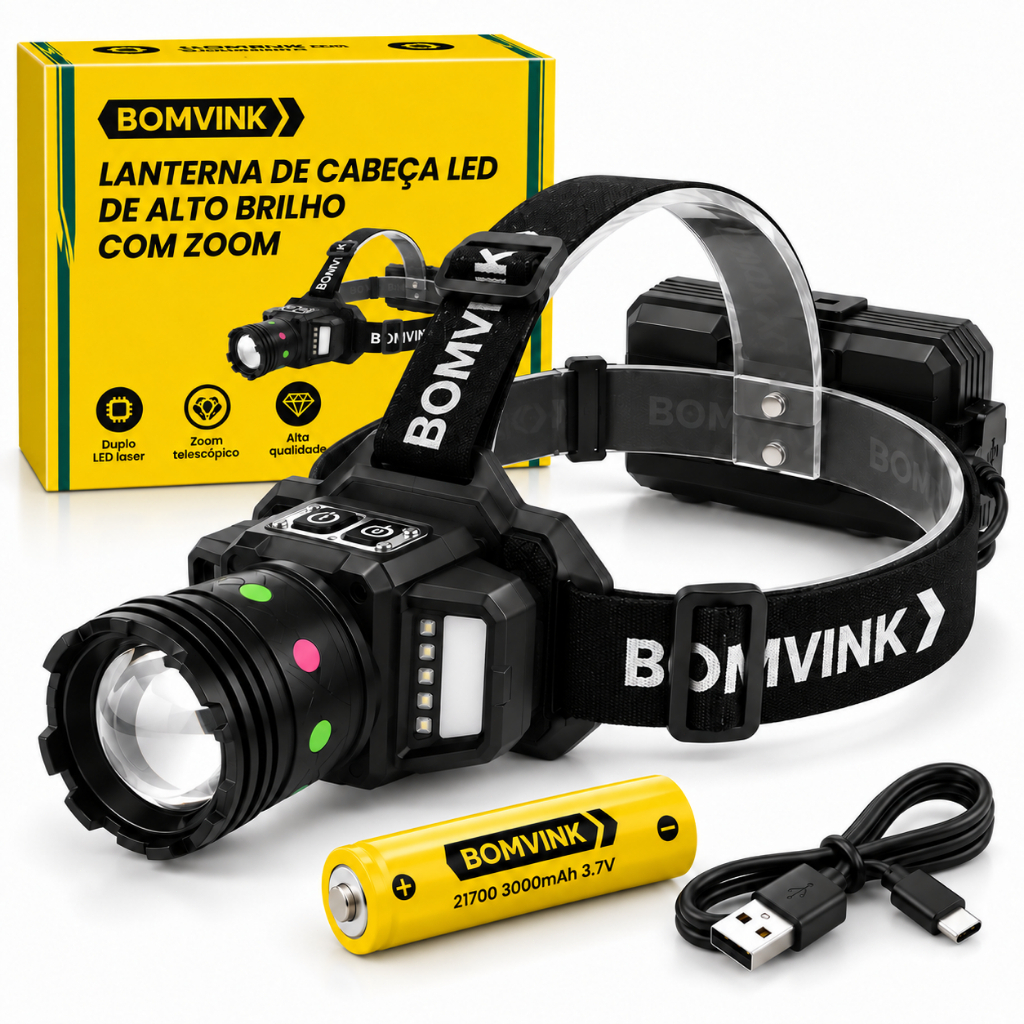 Lanterna de Cabeça LED Duplo Laser Zoom Sensor Gestos Recarregável Type-C 3000mAh