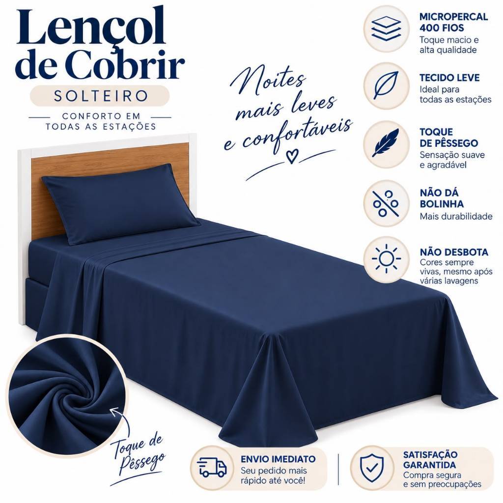 Lençol de Cobrir Solteiro Avulso Sem Elástico Micropercal 400 Fios Macio e Leve