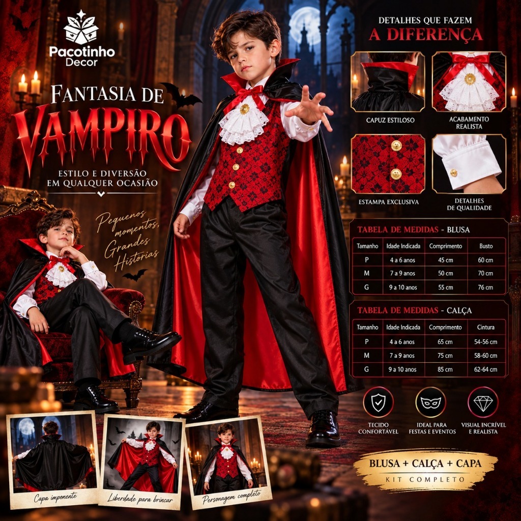 Fantasia Vampiro Infantil Completa com Capa Halloween Festa