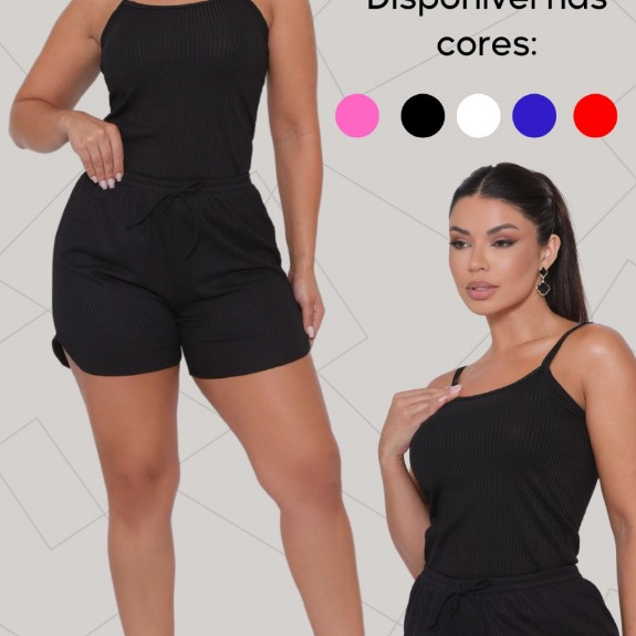 CONJUNTO FEMININO CANELADO TENDENCIA TREINO ACADEMIA SIMPLES CASUAL BASICO KIT FEMININO SHORT CURTO E REGATA DE ALCINHA