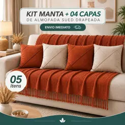 Kit Manta + Capas de Almofada Sued Drapeada Decoração Sala Sofá Manta P 1,40 x 1,70m