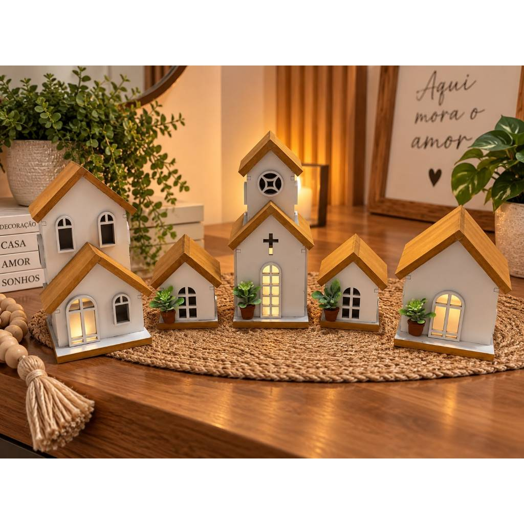 kit igreja e casinha mini decoração em mdf branco e amadeirado — imagem 2 de 2
