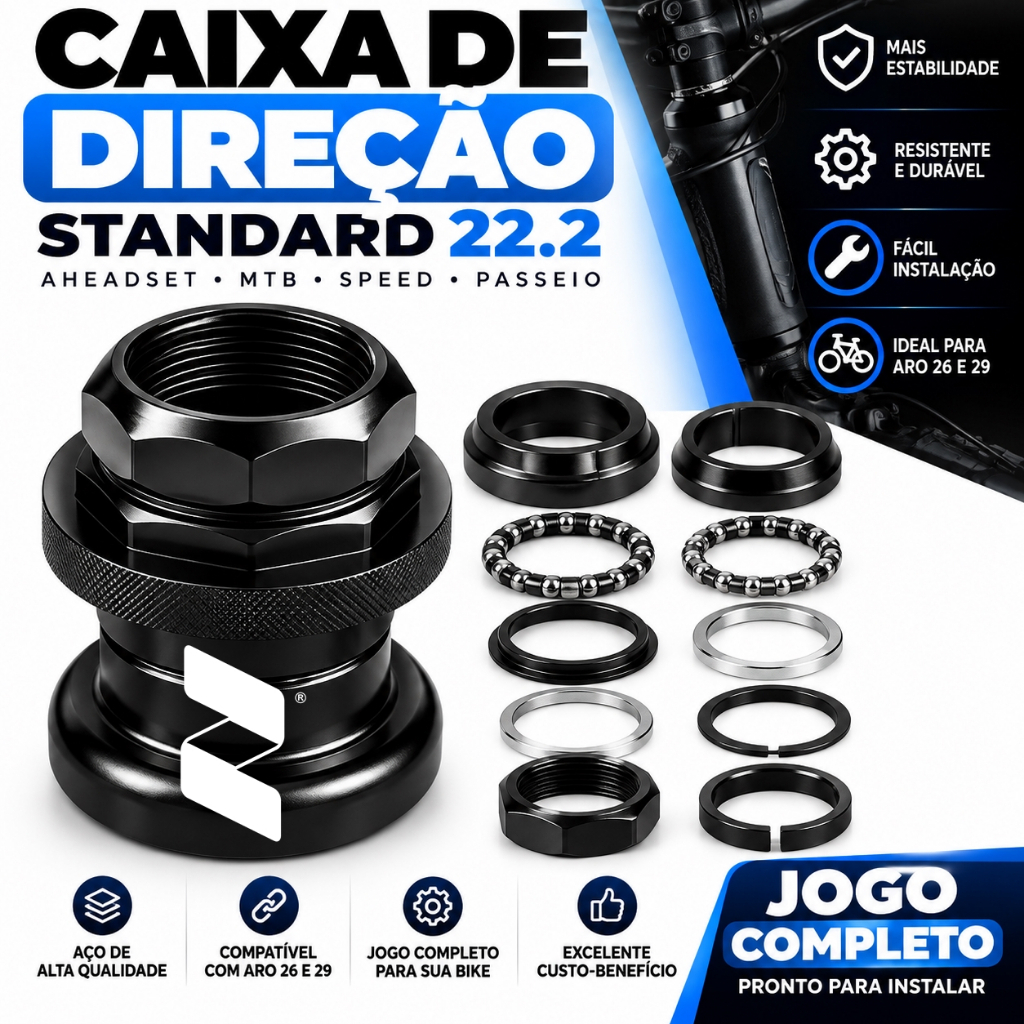 Caixa de Direção STANDARD 22.2 para Bicicleta Aro 26 e 29 - Jogo Completo Aheadset Semi Integrado em Aço  Mtb Speed