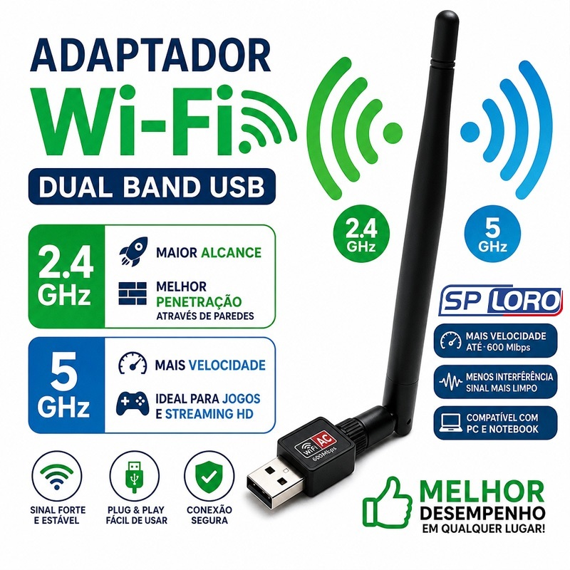 Adaptador WiFi USB de Dupla Banda 1200Mbps Receptor com Antena para PC e Notebook AL-C818