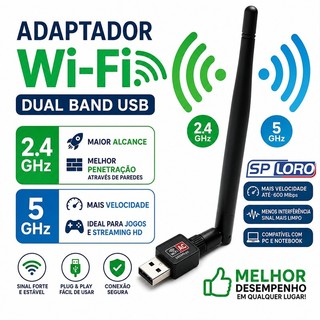 Adaptador WiFi USB de Dupla Banda 1200Mbps Receptor com Antena para PC e Notebook AL-C818
