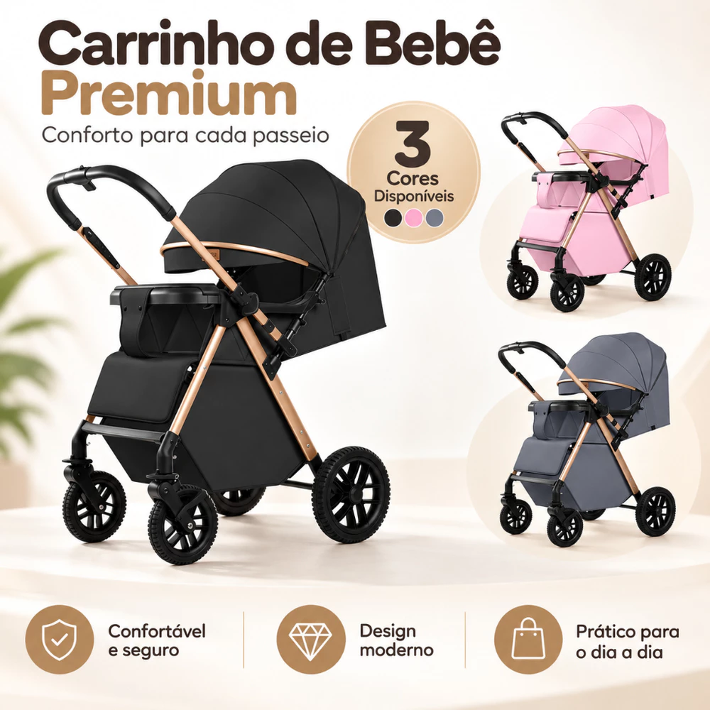 Carrinho de Bebê 3 em 1 Luxo Reversível Dobrável com Amortecedor e Bebê Conforto Para Recém Nascido