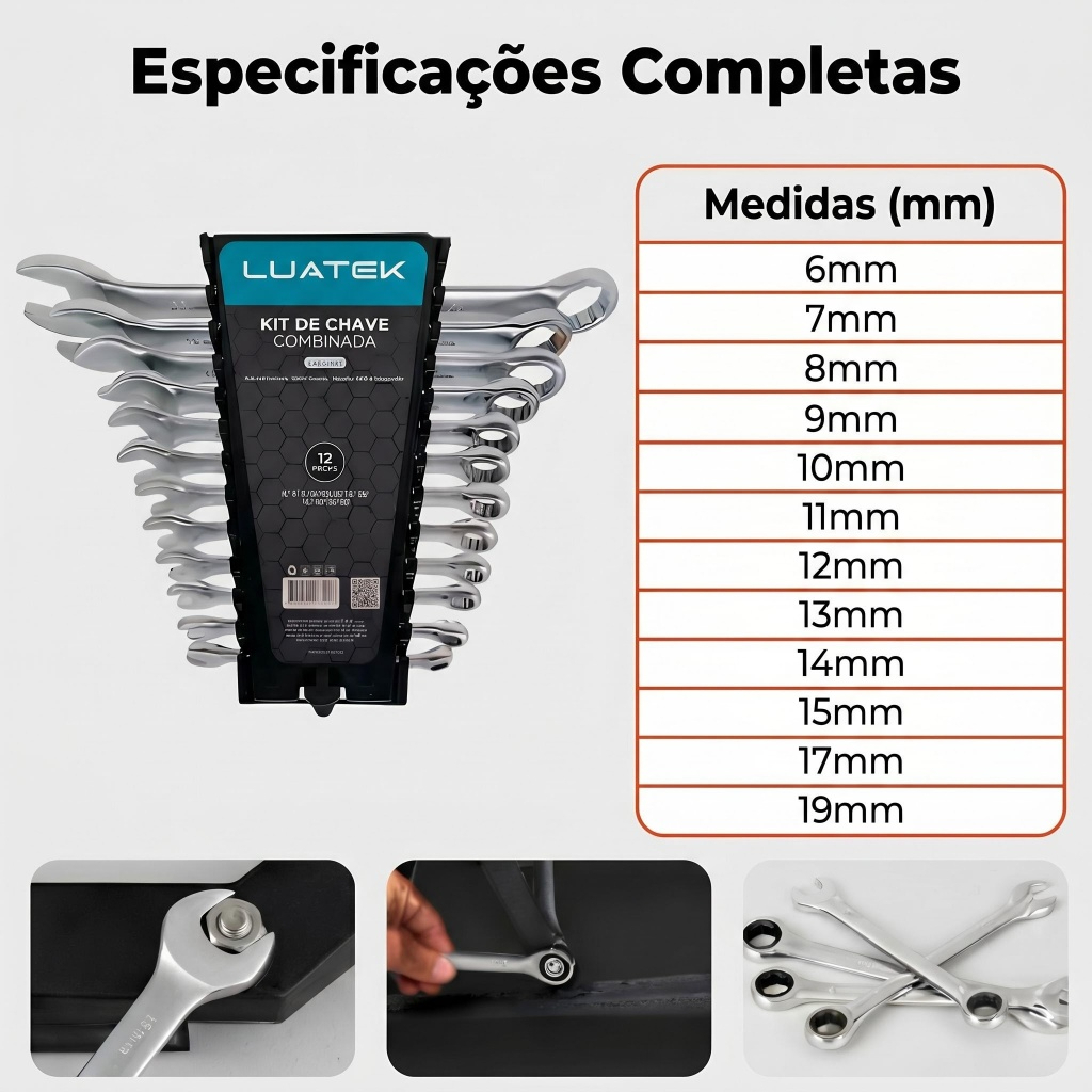 Jogo Chave Combinada 12 Pçs 6-22mm Reforçada Uso Oficina e Casa Luatek LWJ-143 · foto 2