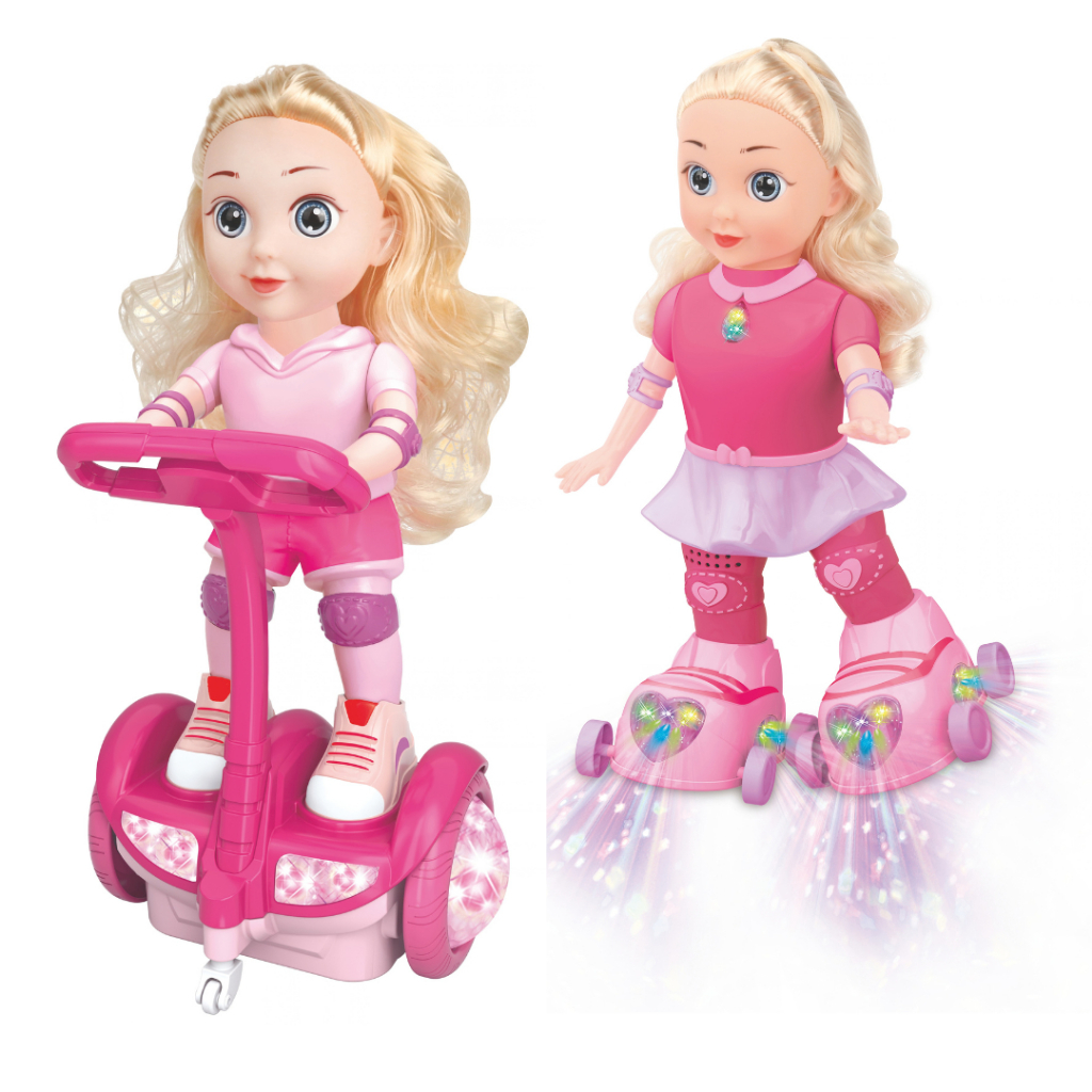 Boneca Hoverboard Patinadora Skatista Brinquedo Giratório Som Luz LED Bate e Volta Musical