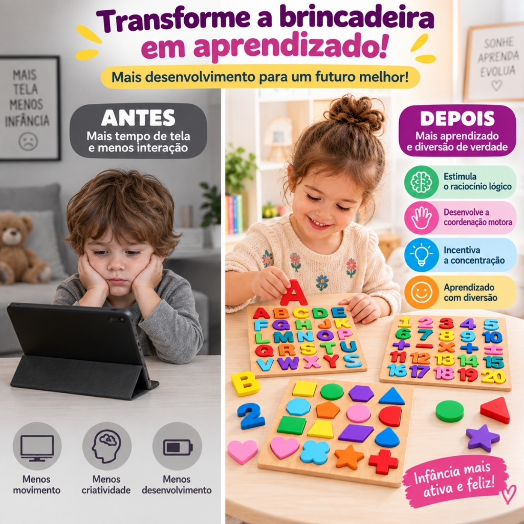 Kit 3 Tabuleiros Madeira Montessori Brinquedo Educativo 3 Anos Alfabeto Letras Números Formas · foto 2