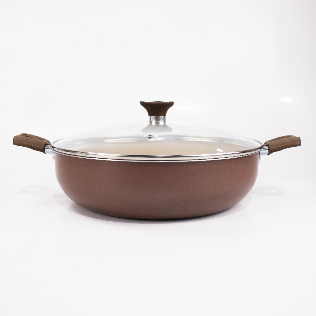 Panela Frigideira Wok Francesa 30cm com Tampa Antiaderente 5 Camadas Teflon Alumínio Fogão a Gás - Chocolate e Champanhe