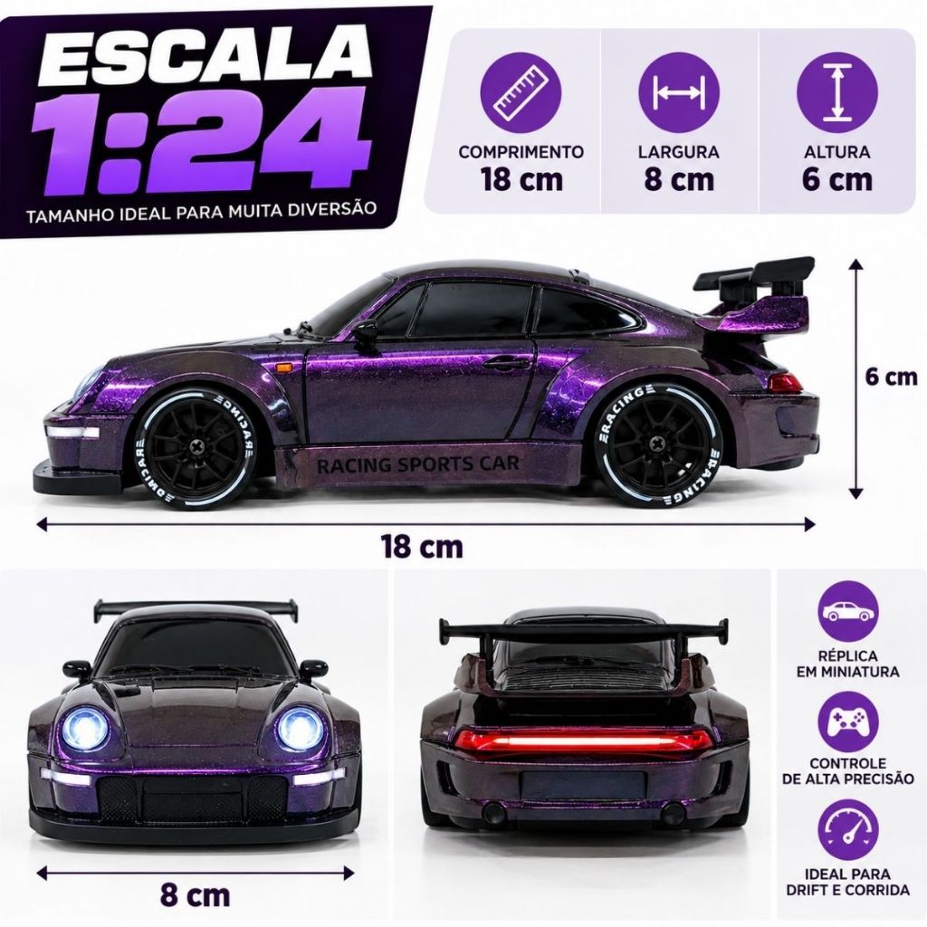 Carrinho de Controle Remoto Drift Recarregável 4x4 Porsche Nissan GTR Menino · foto 2