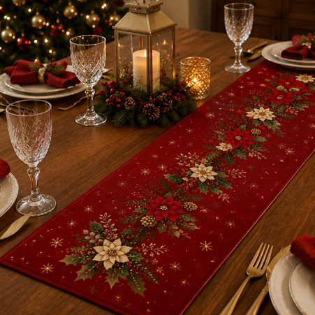 Caminho de Mesa Natalino 40x140cm Oxford Vermelho Estampa Natalina com Bainha Reta Costurada