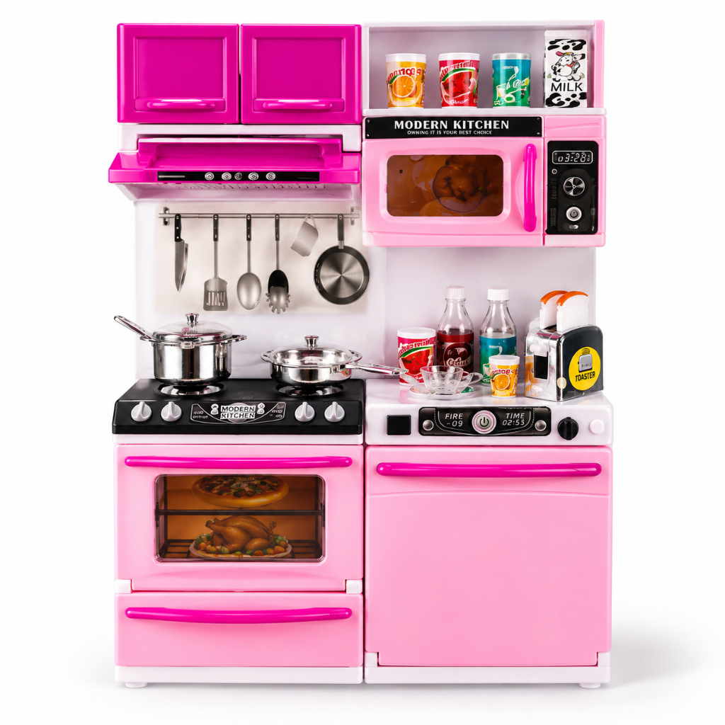 Cozinha Infantil Completa Kit de Brinquedo Com Armários Fogão Geladeira e Acessórios Som e Luzes Lullie