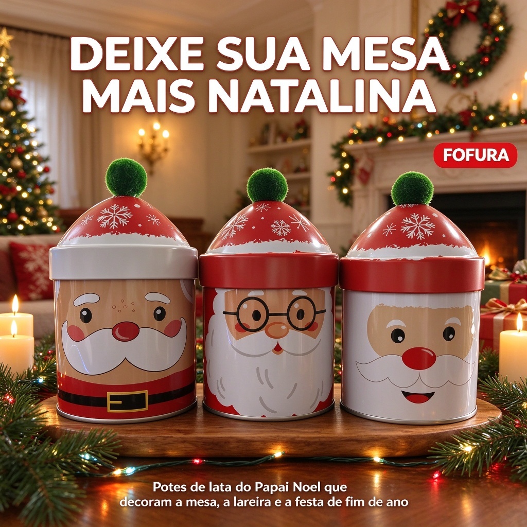 Kit 3 Potes Porta-Doces de Natal Papai Noel Duende Boneco de Neve