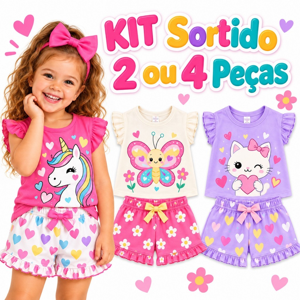 Kit 2 ou 4 Peças Premium Infantil Menina Verão - Conjunto Feminino Infantil Verão-  Kit com 2 ou 1 Conjuntos Sortidos