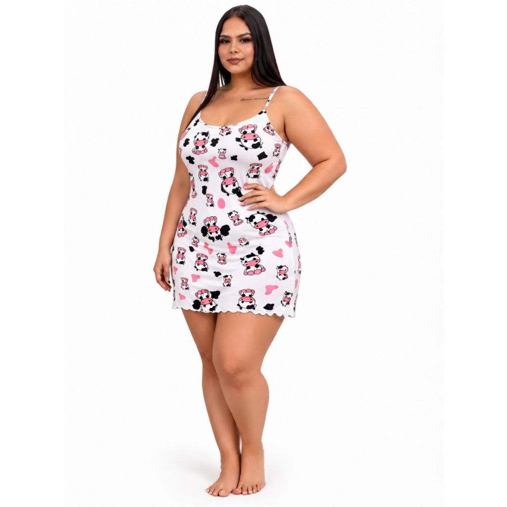 Camisola Femenina Plus Size de Alcinha Suede Premium Camisola Plus Size Estampado