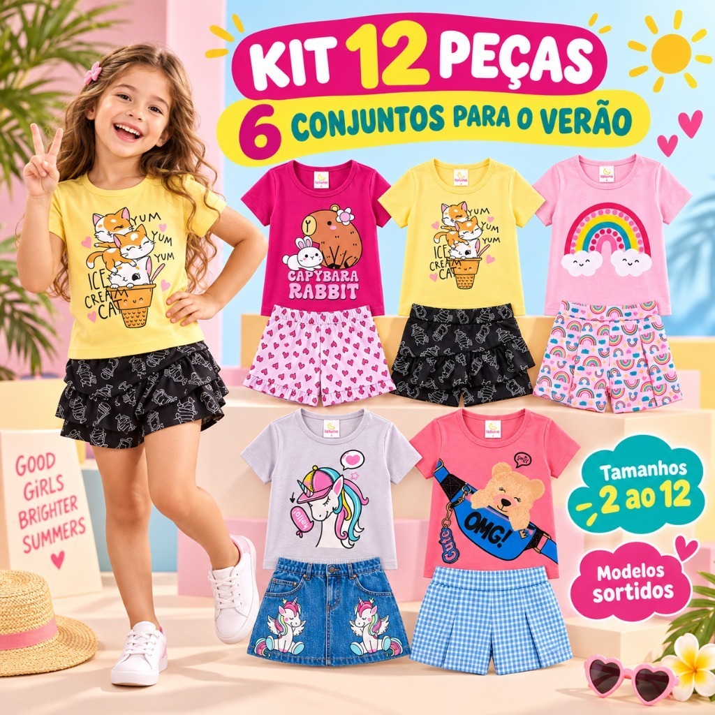 Kit Sortido 12 Peças de Roupas Infantil Menina 6 Camisetas + 6 Bermudas - Kit com 6 Conjuntos de Roupa Infantil Verão