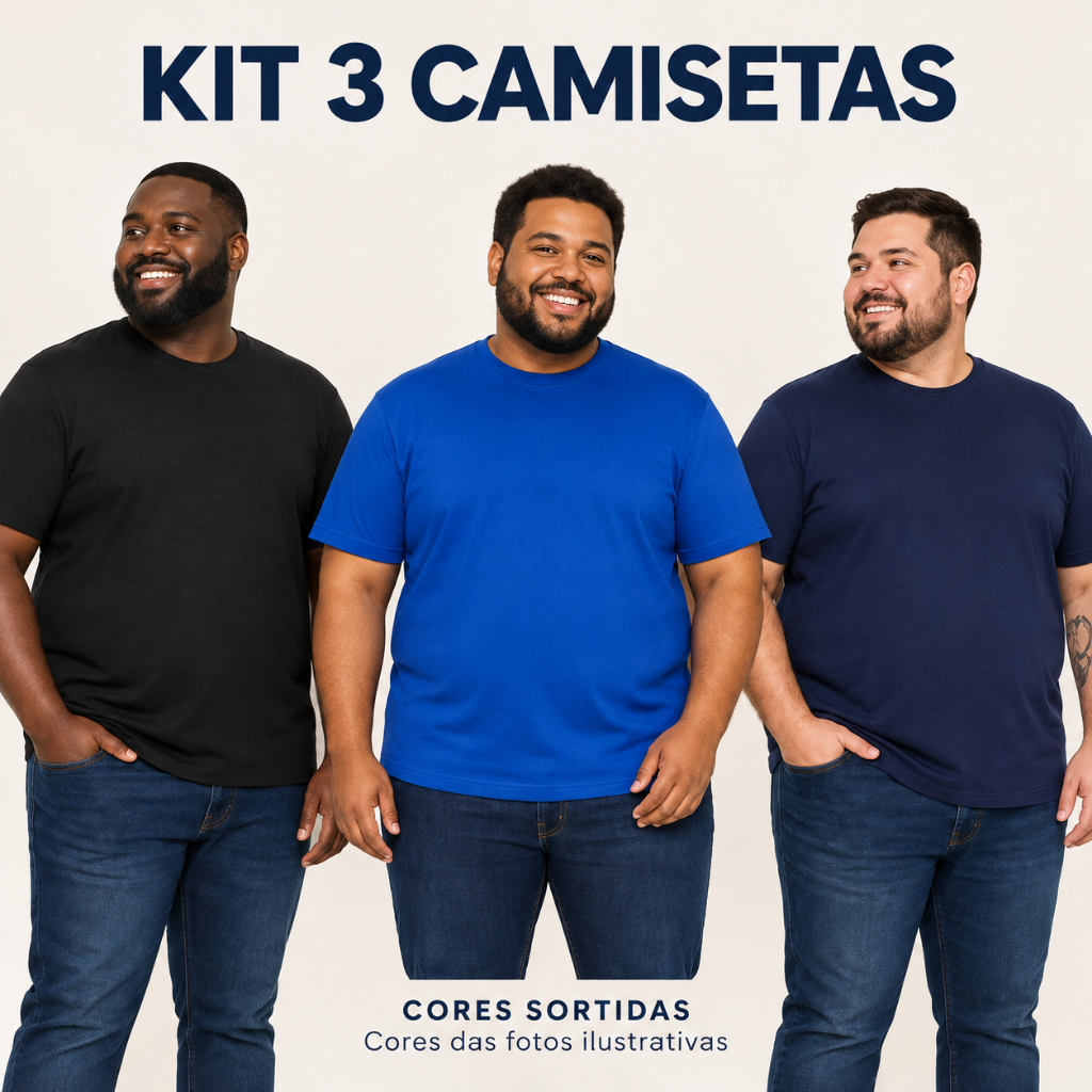 Kit 3 Camisetas Masculinas Poliéster Manga Curta M G GG G1 G2 G3 Cores Sortidas
