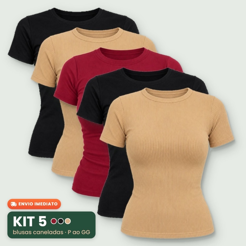 Kit 5 Blusas Femininas Canelada Manga Curta Blusinha Estilosa T-Shirt Básica Elegante Camiseta Ribana Gola Redonda