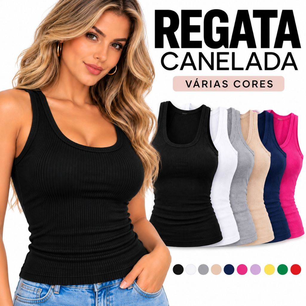 Regata Canelada Feminina Ribana Algodão com Elastano Blusinha Básica Casual Confortável
