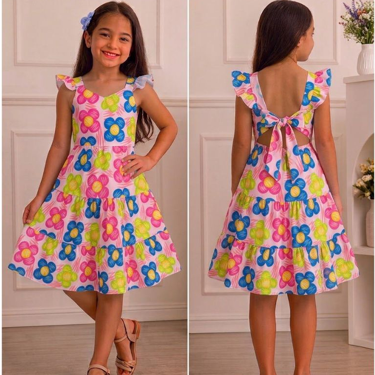 Vestido Infantil Estampado Menina Rodado com Babados para Festa e Passeio em Crepe Leve e Confortável.