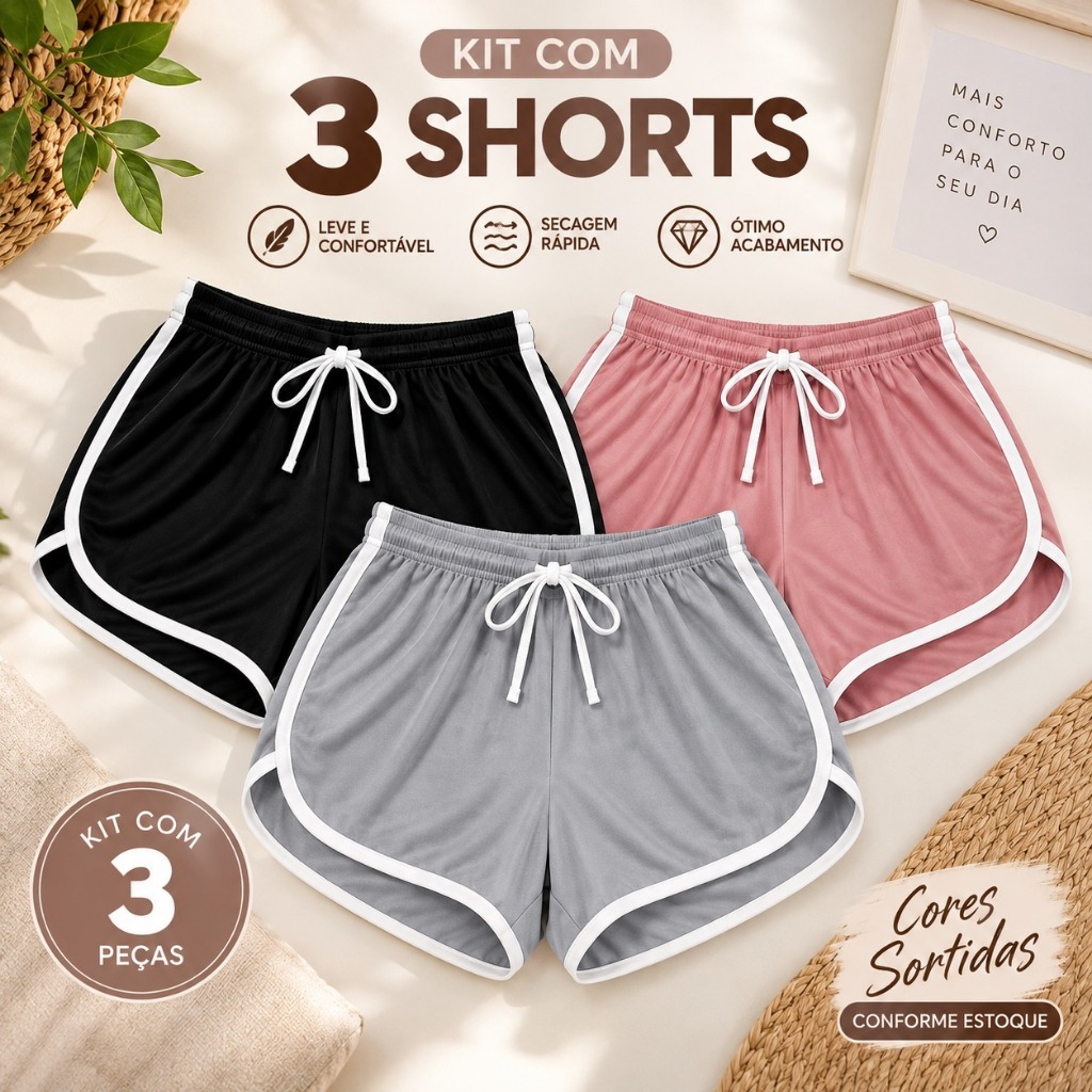 Kit 3 Shorts Feminino para treino, shorts feminino para academia, shorts leve feminino