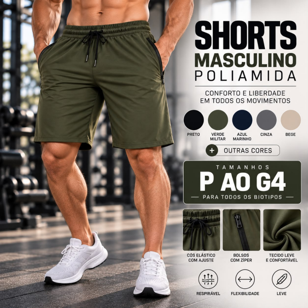 Short Masculino Poliamida Bermuda tactel Elastano  Dry Fit Tecido Gelado Plus Size Uso Casual Lazer Academia Exercicio
