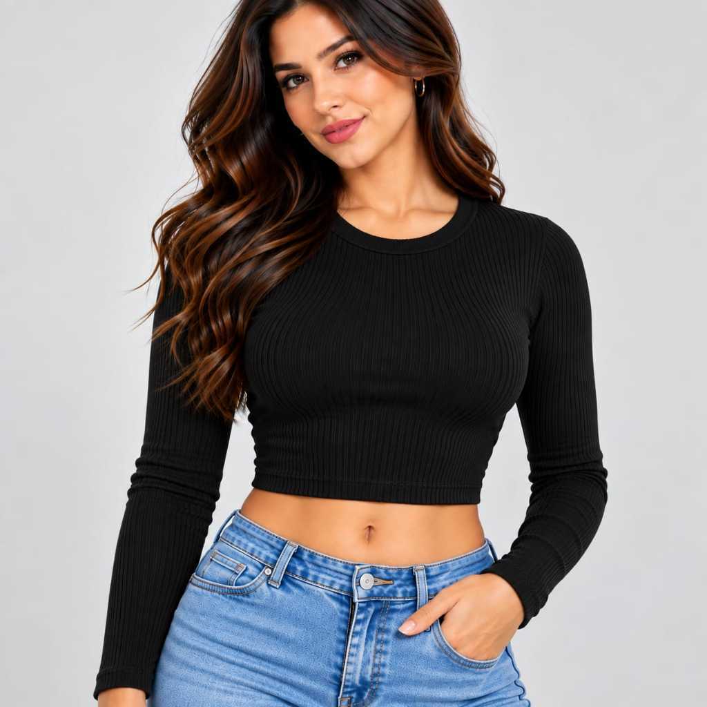 Cropped Manga Longa Canelado  Ribana Canelada Croped Camisa Gola Redonda Manga cumprida Feminina