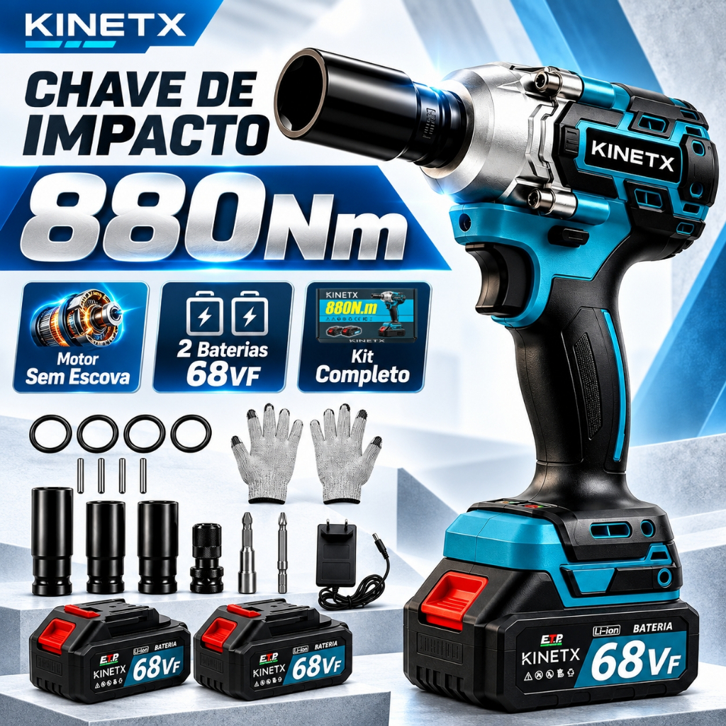 NOVO-Chave De Impacto 880Nm KINETX Motor Brushless Bivolt Profissional + 2 Baterias 68Vf Com Maleta