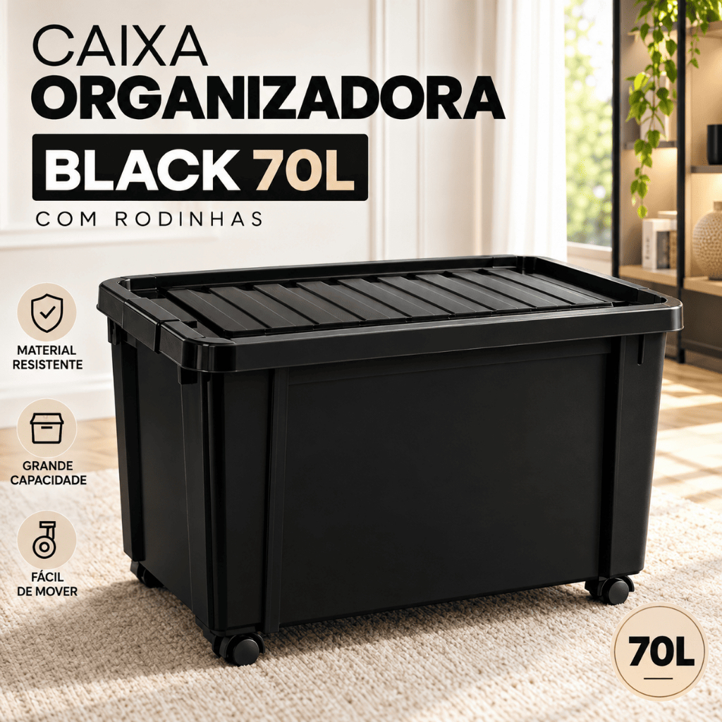 Caixa Organizadora Container Black e Fumê Com Rodinhas e Trava 70 Litros Cesto Organizador Grande