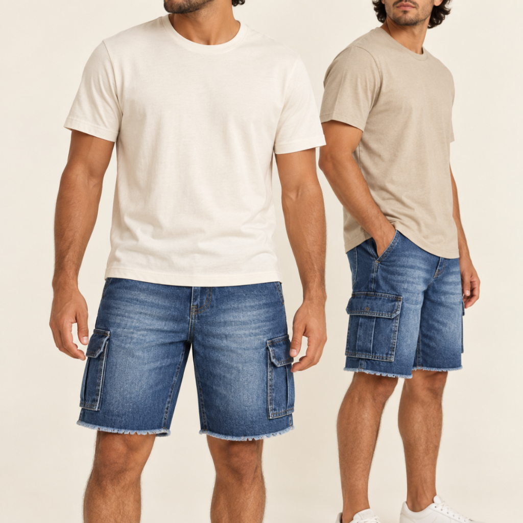 Short Jeans Cargo Azul Escuro Masculino Premium Bolso Lateral Short Para Homens Cargo Bolsos Laterais