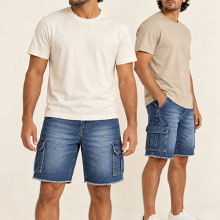 Short Jeans Cargo Azul Escuro Masculino Premium Bolso Lateral Short Para Homens Cargo Bolsos Laterais